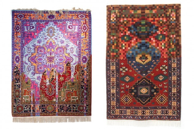 a sinistra: Faig Ahmed, “Invert”, 150x200cm, tappeto tessuto a mano, 2014; a destra: Faig Ahmed, “Tradition in Pixel”, 100x150xm, tappeto tessuto a mano, 2010