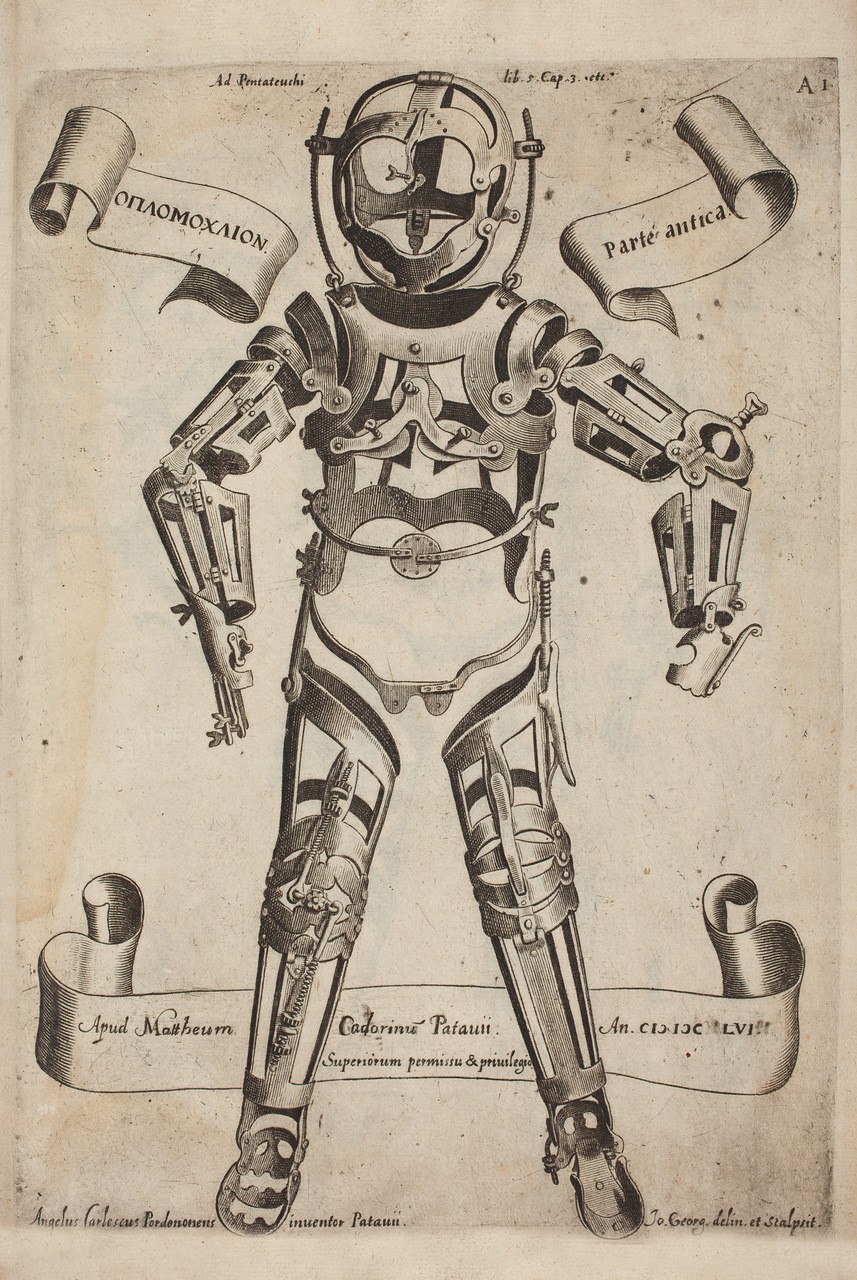 Corazza (attrezzo ortopedico). Tavolta tratta da “Opera Chirurgica”, di Girolamo Fabrici d'Acquapendente (1533–1619)